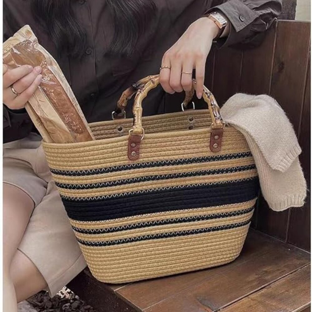 Neiman Marcus Beige & Black Resin Bamboo Handle Cotton Thread Tote Bag - Picture 2 of 6